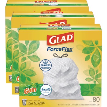 Glad 78900 ForceFlex 24 in. x 27.38 in. 13 Gallon Kitchen Drawstring Trash Bags - Gain Original Scent/White (240/Carton)