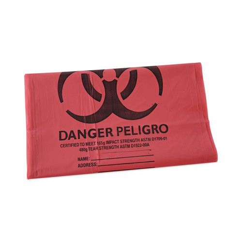 Low-Density Trash Bags | Boardwalk A8046PRK 40 in. x 46 in. 45 gal. 1.3 mil Linear Low Density Health Care Trash Can Liners - Red (100/Carton) image number 0