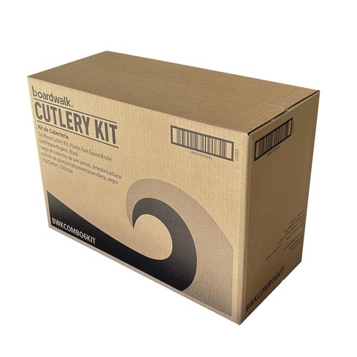 Cutlery Kits | Boardwalk BWKCOMBO6KIT 6-Piece 5.86 in. Plastic Fork/Knife/Napkin/Pepper/Salt/Spoon Cutlery Kit - Black (250/Carton) image number 0