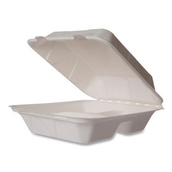 Vegware WHBRG-8-3 HW 7.9 in. x 7.9 in. x 2.9 in. Molded Fiber Compostable Sugarcane 3-Compartment Clamshell Containers - White (200/Carton)