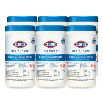 CLEANING CLOTHS AND WIPES | Clorox Healthcare 30577 6 in. x 5 in. 1-Ply Bleach Germicidal Wipes - Unscented, White (150/Canister, 6 Canisters/Carton)