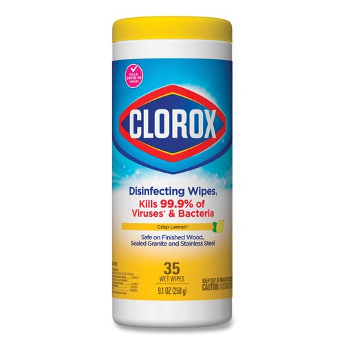 Cleaning Cloths & Wipes | Clorox 01594 7 in. x 8 in. 1-Ply Disinfecting Wipes - Crisp Lemon, White (35/Canister) image number 0