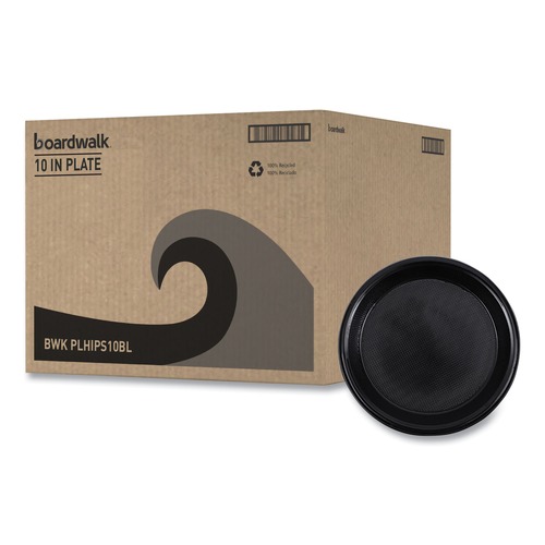 Plates | Boardwalk BWKPLHIPS10BL 10 in. Diameter Hi-Impact Plastic Dinnerware Plate - Black (125/Sleeve, 4 Sleeves/Carton) image number 0