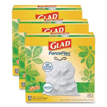 Glad 78900 ForceFlex 24 in. x 27.38 in. 13 Gallon Kitchen Drawstring Trash Bags - Gain Original Scent/White (240/Carton)