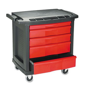 TOOL STORAGE AND ORGANIZERS | Rubbermaid Commercial FG773488BLA Five-Drawer 32.63 in. x 19.9 in. x 33.5 in. Mobile Workcenter - Black/Red