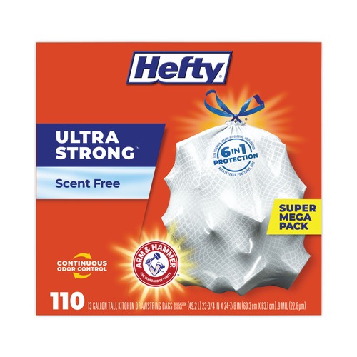 Drawstring & Kitchen Bags | Hefty E3-3368 23.75 in. x 24.88 in. 13 gal. Ultra Strong Drawstring Tall Kitchen Trash Bags - White (330/Carton) image number 0