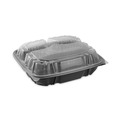 Food Storage Containers & Lids | Pactiv Corp. DC109330B000 34 oz. 3 Compartment Base/Lid 10.5 in. x 9.5 in. x 3 in. Vented Dual Color Microwavable Plastic Hinged Lid Container - Black/Clear image number 1