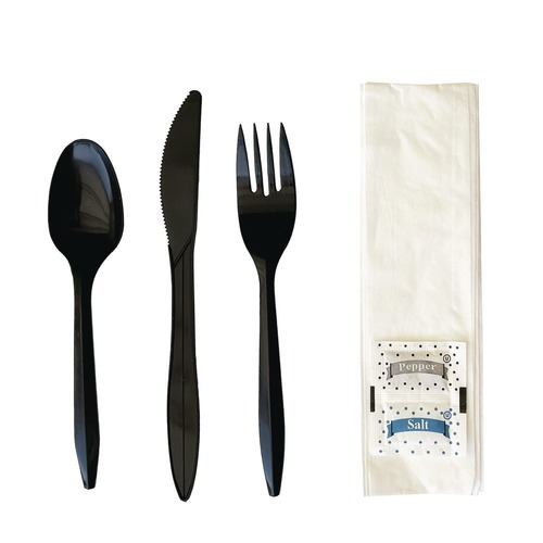 Cutlery Kits | Boardwalk BWKCOMBO6KIT 6-Piece Fork/Knife/Napkin/Pepper/Salt/Spoon Cutlery Kit - Black (250/Carton) image number 0