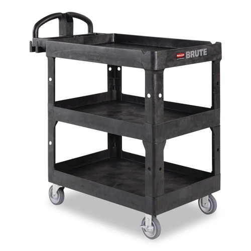 Carts | Rubbermaid Commercial 2196862 BRUTE 25.24 in. x 44 in. x 47 in. 3 Shelves 600 lb Capacity Resin 3-Shelf Heavy-Duty Ergo Lipped Utility Cart - Black image number 0