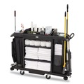 Janitorial & Housekeeping Carts | Rubbermaid Commercial 2202527 24.4 in. x 62.4 in. x 49 in. Full-Size 3-Shelf Resin Housekeeping Cart with Accessory Bundle - Black image number 1