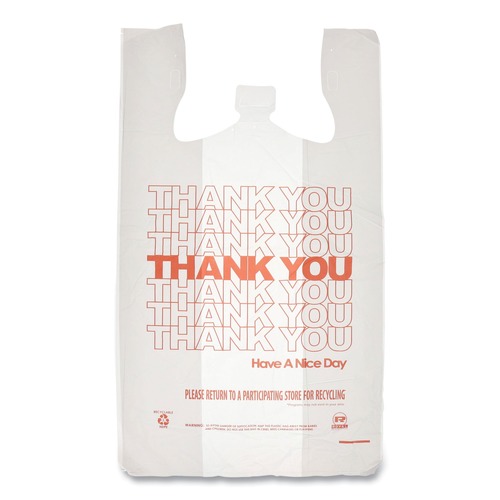 T-Sacks & Thank You Bags | AmerCareRoyal RPTYB6FS 13 in. x 23 in. x 23 in. Thank You - Have a Nice Day Labeling Cut-Out Handles Thank You Bags - White/Red (1000/Carton) image number 0