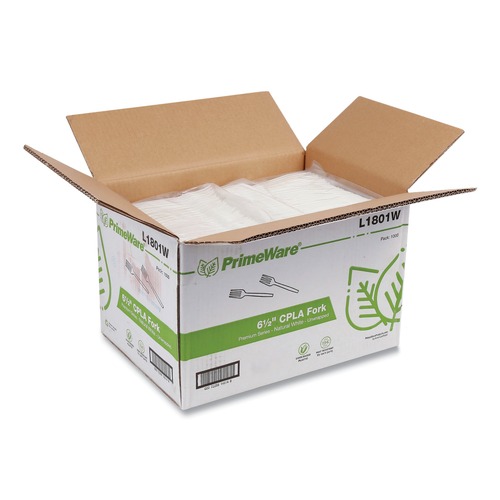 Perforated Roll & Hand Towels | AmerCareRoyal L1801W Plastic Fork Heavyweight CPLA Cutlery - White (1000/Carton) image number 0