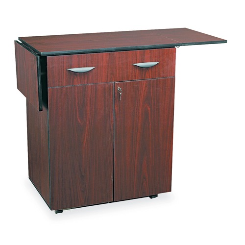 Refreshment Stations | Safco 8962MH 32.5 in. to 56.25 in. x 20.5 in. x 38.75 in. 1 Drawer 3 Shelves Engineered Wood Hospitality Cart with Drop Leaves - Mahogany image number 0