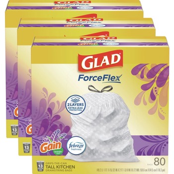 Glad 78902 ForceFlex 24 in. x 27.38 in. 13 Gallon Kitchen Drawstring Trash Bags - Gain Lavender Scent/White (240/Carton)