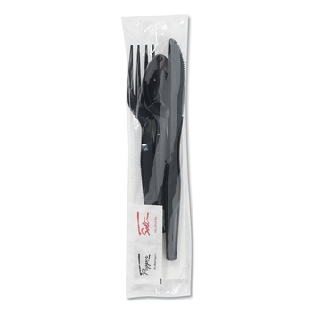 CUTLERY KITS | Dixie CH56NSPC7 Wrapped Fork/Knife/Spoon/Napkin Packets - Black (250/Carton)