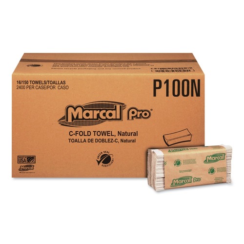 Perforated Roll & Hand Towels | Marcal PRO P100N 12.88 in. x 10.13 in. 1-Ply Folded Paper Towels - Natural (150/Pack, 16 Packs/Carton) image number 0
