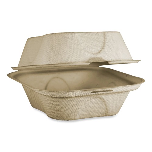 Food Containers & Lids | World Centric TO-SC-U15B-LFP 6.5 in. x 6 in. x 3.2 in. Paper Burger Box Fiber Hinged Containers - Natural (500/Carton) image number 0