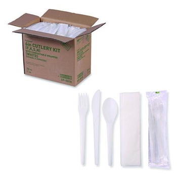CUTLERY KITS | Eco-Products EP-S015 Plantware Compostable Fork/Knife/Napkin/Spoon Cutlery Kit - Pearl White (250/Carton)