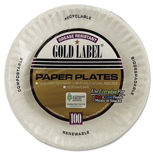 Plates | AJM Packaging Corporation AJM CP9GOEWH 9 in. Diameter Gold Label Coated Paper Plates - White (100/Pack, 10 Packs/Carton) image number 0