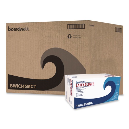Food Service Disposable & Single Use Gloves | Boardwalk BWK345MCT 4.4 mil 9.5 in. Long Powder-Free General-Purpose Latex Gloves - Medium, Natural (100/Box, 10 Boxes/Carton) image number 0