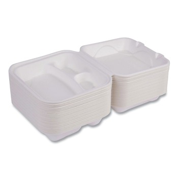 JANITORIAL | Eco-Products EP-HC83NFA Vanguard 8 in. x 8 in. x 3 in. 3-Compartments Renewable and Compostable Sugarcane Clamshells - White (200/Carton)
