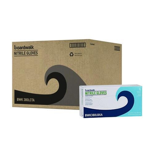 Food Service Disposable & Single Use Gloves | Boardwalk 380LCTA 380 Series 4 mil Thick 9.5 in. Long Powder-Free Disposable General-Purpose Nitrile Gloves - Large, Blue (100/Box, 10 Boxes/Carton) image number 0