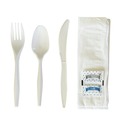 Cutlery Kits | Boardwalk BWK6COMBOKITPP 5.86 in. 6-Piece Mediumweight Plastic Cutlery Fork/Knife/Napkin/Pepper/Salt/Spoon Kit - White (250/Carton) image number 1