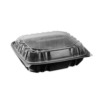 SMALLWARES | Pactiv Corp. DC109310B000 EarthChoice 34 oz. 3 Compartment 10.5 in. x 9.5 in. x 3 in. Vented Dual Color Microwavable Plastic Hinged Lid Container - Black/Clear
