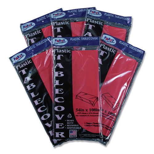 Table Covers & Skirts | Tablemate 549RD Heavyweight Plastic 54 in. x 108 in. Table Set Rectangular Table Cover - Red (6/Pack) image number 0