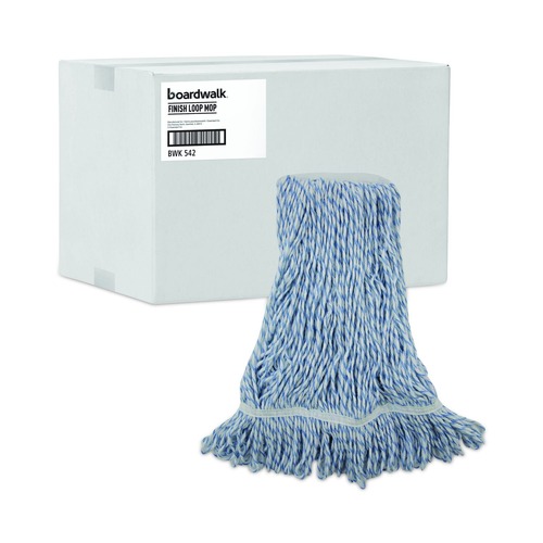 Mop Heads | Boardwalk BWK542CT Narrow Floor Finish Rayon/Polyester Mop Head - Medium, White/Blue (12/Carton) image number 0