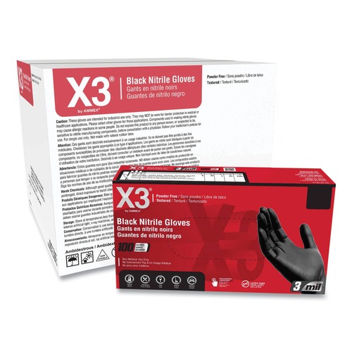 Food Service Disposable & Single Use Gloves | Ammex BX346100 9.5 in. Long 3 mil Powder-Free Industrial Nitrile Gloves - Large/Black (1000/Carton) image number 0