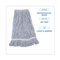Mop Heads | Boardwalk BWK543CT Narrow Floor Finish Rayon/Polyester Mop Head - Large, White/Blue (12/Carton) image number 4