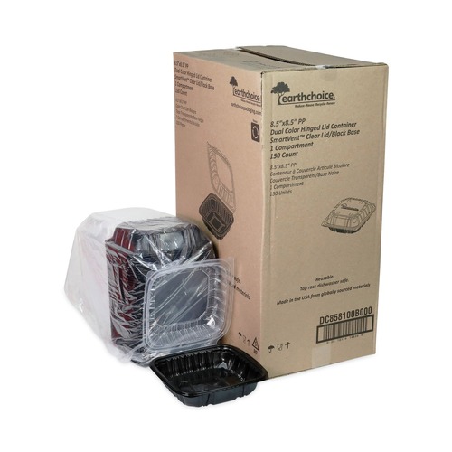 Food Storage Containers & Lids | Pactiv Corp. DC858100B000 38 oz 8.5 x 8.5 x 3 EarthChoice Vented Dual Color Microwavable Plastic Hinged Lid Container - Black/Clear (150/Carton) image number 0
