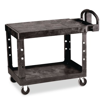 Rubbermaid Commercial FG452500BLA 25.25 in. x 44 in. x 38.13 in. 500 lbs. Capacity 2 Flat Shelves Plastic Utility Cart - Black