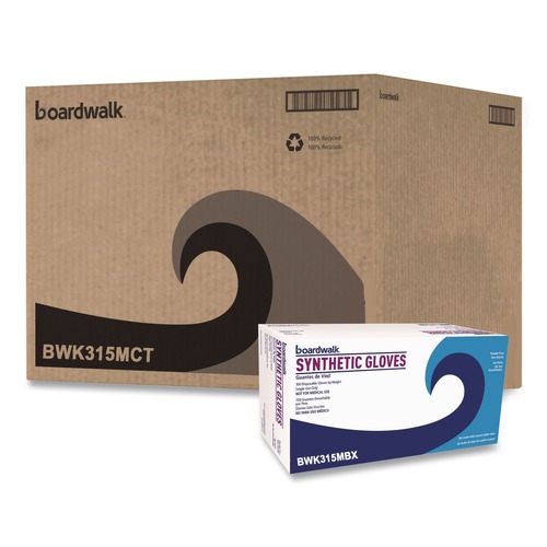 Food Service Disposable & Single Use Gloves | Boardwalk BWK315MCT 4 mil 9.5 in. Long Powder-Free Synthetic Vinyl Gloves - Medium, Cream (100/Box, 10 Boxes/Carton) image number 0