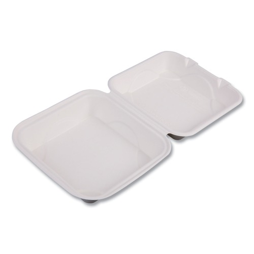 Food Containers & Lids | Eco-Products EP-HC81 Vanguard 8 in. x 8 in. x 3 in. Compostable Sugarcane Clamshells - White (200/Carton) image number 0