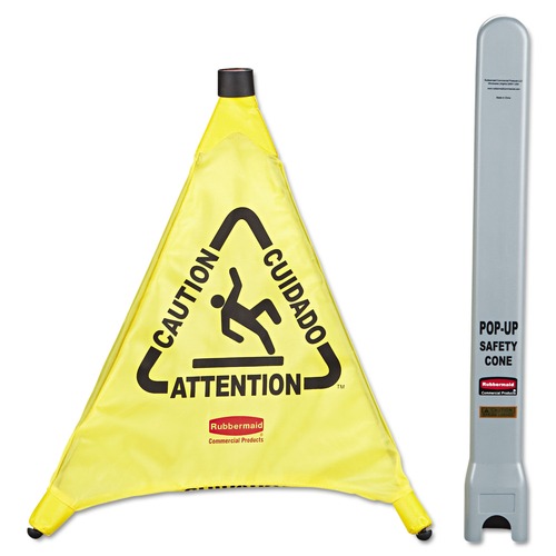 Signs | Rubbermaid Commercial FG9S0000YEL 3-Sided Fabric 21 in. x 21 in. x 20 in. Multilingual "Caution" Pop-Up Safety Cone - Yellow image number 0