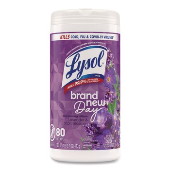 LYSOL Brand 19200-56264 Disinfecting Wipes, 1-Ply, 7 x 7.25, Lavender and Cotton Blossom, White, 80 Wipes/Canister