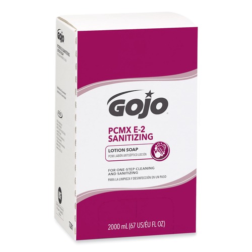 Soap Refills | GOJO Industries 7281-04 2000 mL E2 Sanitizing Lotion Soap with PCMX For Pro TDX Dispenser - Fragrance-Free (4/Carton) image number 0