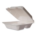 Food Containers & Lids | Vegware WHBRG-8-3 HW 7.9 in. x 7.9 in. x 2.9 in. Molded Fiber Compostable Sugarcane 3-Compartment Clamshell Containers - White (200/Carton) image number 0