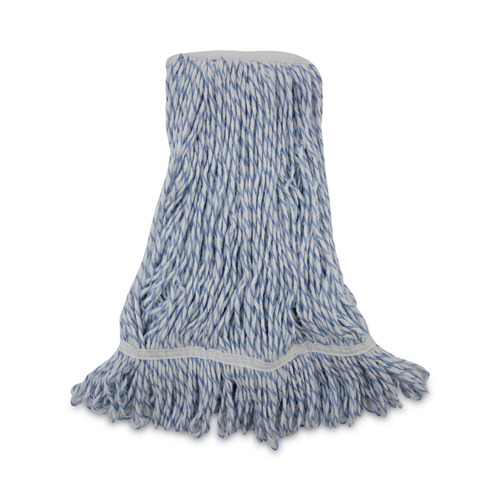 Mop Heads | Boardwalk BWK542CT Narrow Floor Finish Rayon/Polyester Mop Head - Medium, White/Blue (12/Carton) image number 0