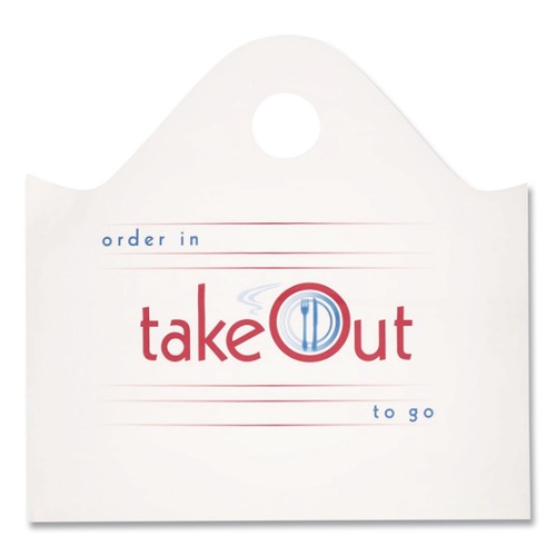 Specialty Bags | AmerCareRoyal RPWB1919 19 in. x 9.5 in. x 19 in. Take-Out Labeling Cut-Out Handles Wave Top To-Go Bags - White/Blue/Red (500/Carton) image number 0
