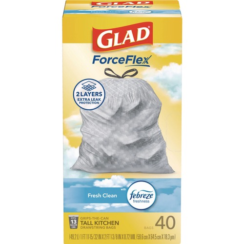 Drawstring & Kitchen Bags | Glad 78361 ForceFlex 24 in. x 27.38 in. 13 Gallon Kitchen Drawstring Trash Bags - White Fresh Clean Scent (240/Carton) image number 0
