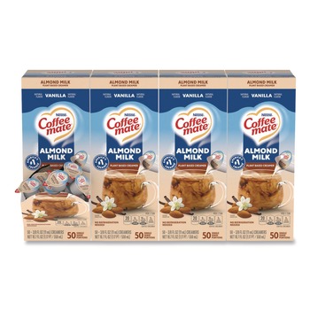 CREAMERS | Coffee-Mate 12461537 0.38 oz Mini Cups Plant-Based Almond Milk Non-Dairy Liquid Creamer Singles - Natural Vanilla (200/Carton)