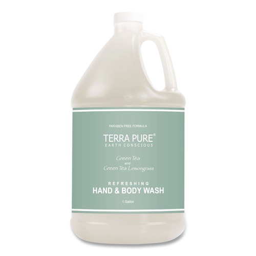 Personal Shampoos, Conditioners, & Body Washes | Diversified Hospitality Solutions 002294EA Terra Pure 1-Gallon Bottle Body Wash - Green Tea and Lemongrass Scent image number 0