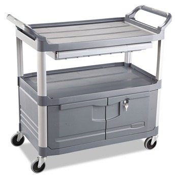 KITCHEN AND SERVICE CARTS | Rubbermaid Commercial FG409400GRAY 40.63 in. x 20 in. x 37.81 in. 300 lbs. Capacity 3 Shelves Plastic Xtra Instrument Cart with Locking Storage Area - Gray