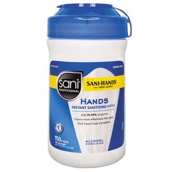 Sani Professional P43572 5 in. x 6 in. Hands Instant Sanitizing Wipes - Unscented (150/Canister)