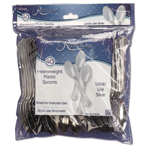 Disposable Spoons | WNA WNA REF320SP 6.25 in. Reflections Heavyweight Plastic Utensils Spoon - Silver (320/Carton) image number 0
