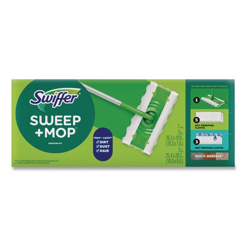 Mop Heads | Swiffer 80810204 Sweep and Mop 12.4 in. x 2.95 in. 2-in-1 Dry/Wet Floor Mopping and Sweeping Kit - Silver Plastic Handle (6/Carton) image number 0