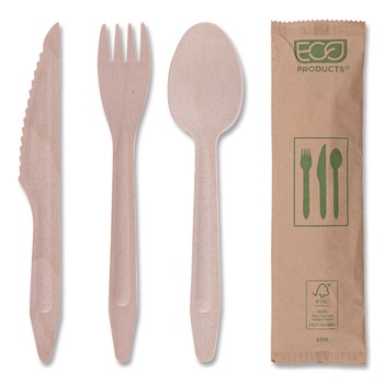 CUTLERY KITS | Eco-Products EP-S215 General Purpose Fork/Knife/Napkin/Spoon Wood Cutlery - Natural (500/Carton)